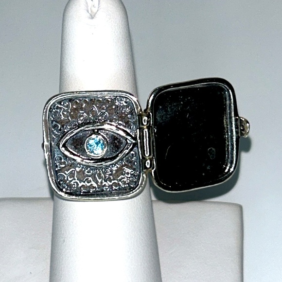 NWOT Passage to Israel Sterling Silver Genuine Blue Topaz Evil Eye Locket Ring - Picture 1 of 11